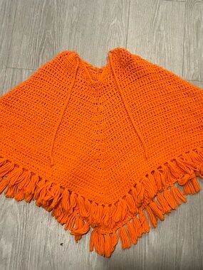 Bright Orange Crochet Fringe Poncho